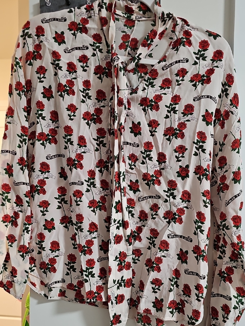 Women's Red Rose Print Tie-Neck Blouse